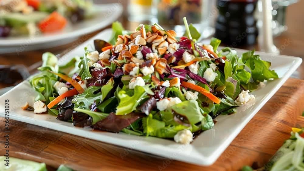 Delicious salad with fresh mixed greens, goat cheese, nuts, and balsamic vinaigrette dressing is served on a white square plate Delicious salad with fresh mixed greens, goat cheese, nuts, and balsamic vinaigrette dressing is served on a white square plate