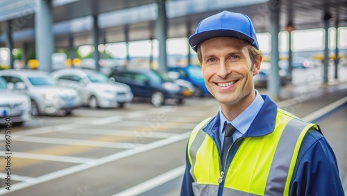 Cheerful parking attendant assisting customers with a smile , happy, helpful, smiling, parking lot, car, service