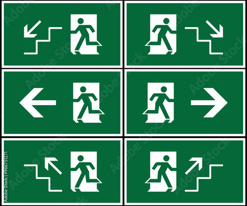 Emergency route point sign bundle, safety gathering point signboard, vector illustration.