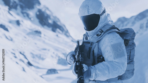 Winter Soldier in Snow Camouflage Holding Weapon in Arctic Terrain 