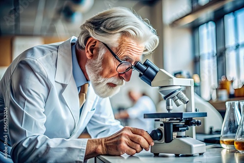 A brilliant elderly man with wild gray hair and thick-rimmed glasses peers intently through a microscope in a cluttered laboratory workstation. photo