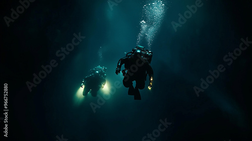 Divers Exploring Deep Ocean During Night Mission
