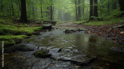 Tranquil Stream Winding Through a Misty Green Forest photo