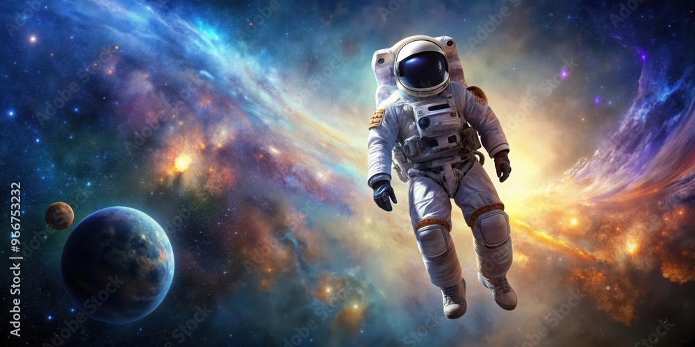 Fototapeta premium Alien in space suit floating in vast galaxy, Alien, space, suit, floating, galaxy, extraterrestrial, universe