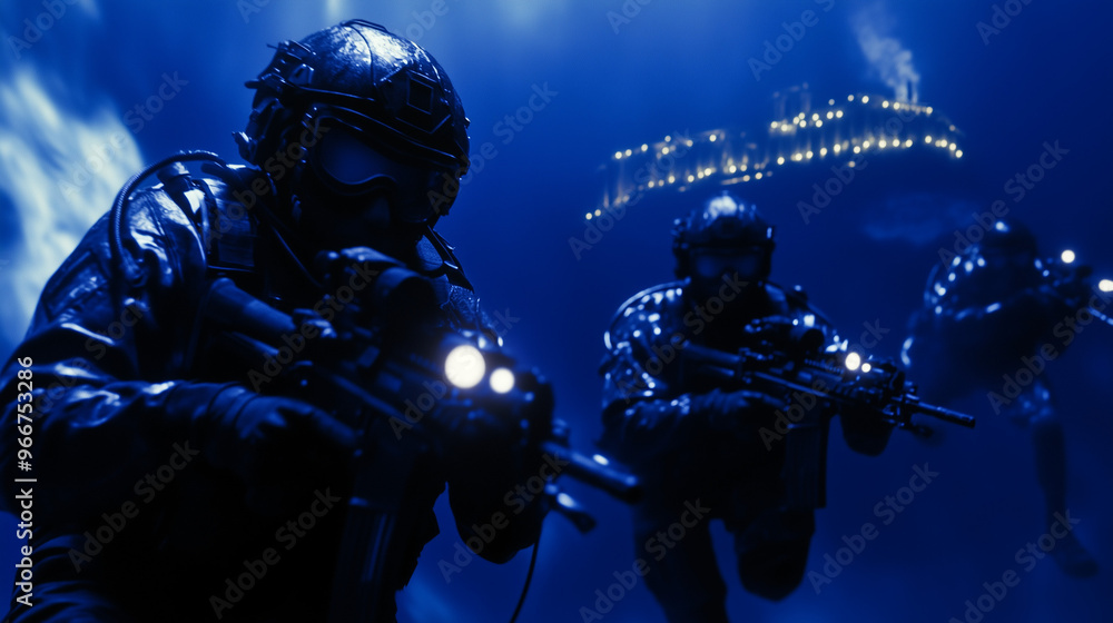 Armed Divers Approaching Underwater Illuminated City
Armed Divers Approaching Underwater Illuminated City