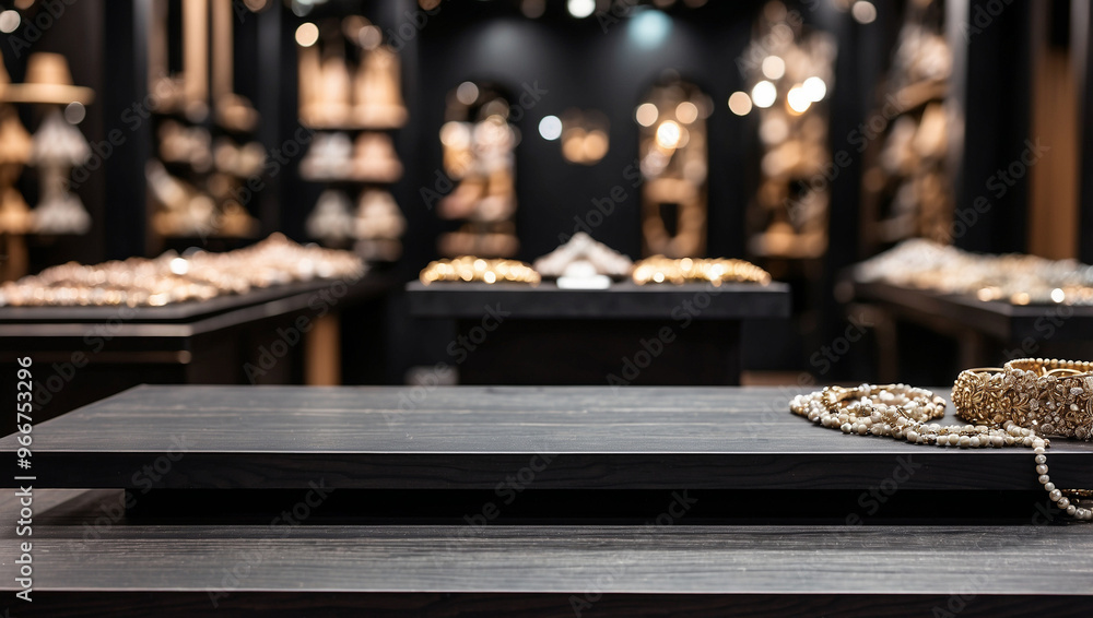 The empty black wooden table top with blur background of jewelry store. For product display The empty black wooden table top with blur background of jewelry store. For product display