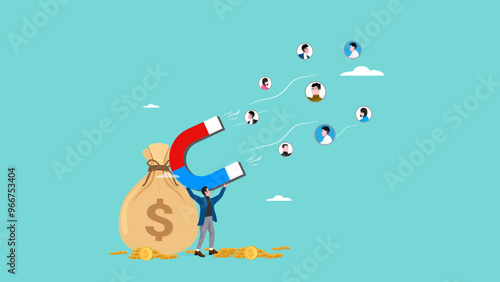 Customer acquisition cost or CAC, marketing expense on customer retention, advertising cost for lead generation, businessman uses magnets with dollar costs to attract customers
