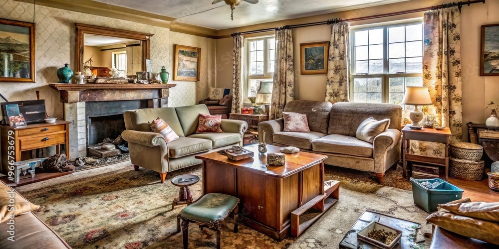A cluttered and outdated living room with worn furniture, old decor, and faded carpet, highlighting the need for renovation before listing the property. A cluttered and outdated living room with worn furniture, old decor, and faded carpet, highlighting the need for renovation before listing the property.