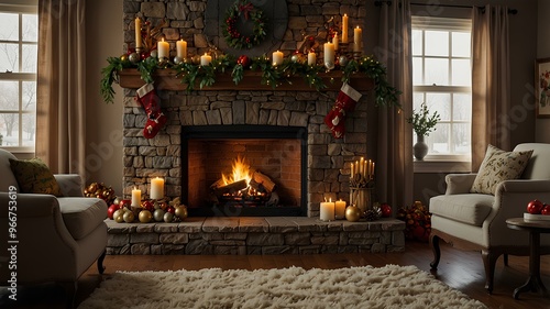 Festive holiday fireplace flames. Bright fire burns in a decorated fireplace, with ornaments, stockings, and garlands adding to the cheerful atmosphere. Realistic style. photo