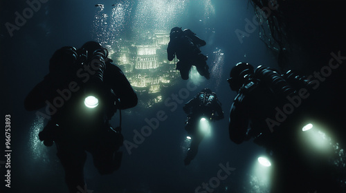 Wallpaper Mural Divers Exploring Submerged City in Deep Ocean
 Torontodigital.ca