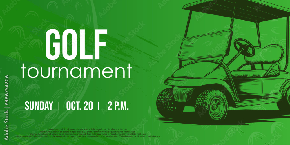 Obraz premium Creative Golf themed background with Golf cart and golf ball in sketch style. Sport and Game tournament concept. Vector banner, championship announcement, ad.