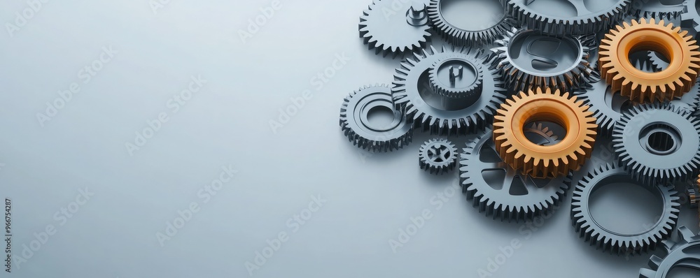 A collection of mechanical gears in gray and orange, symbolizing industry and engineering on a simple background.