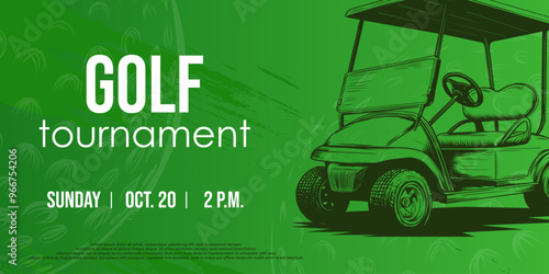 Creative Golf themed background with Golf cart and golf ball in sketch style. Sport and Game tournament concept. Vector banner, championship announcement, ad.