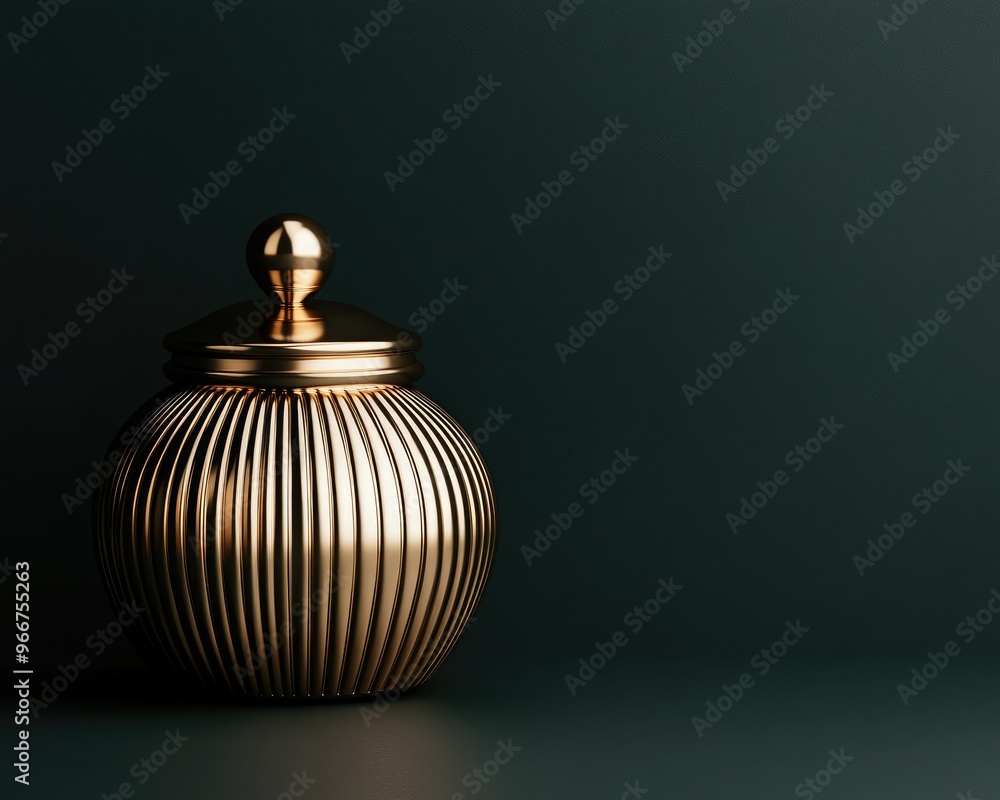 Elegant gold striped jar with a lid, set against a dark green background, perfect for decorative or storage purposes. Elegant gold striped jar with a lid, set against a dark green background, perfect for decorative or storage purposes.