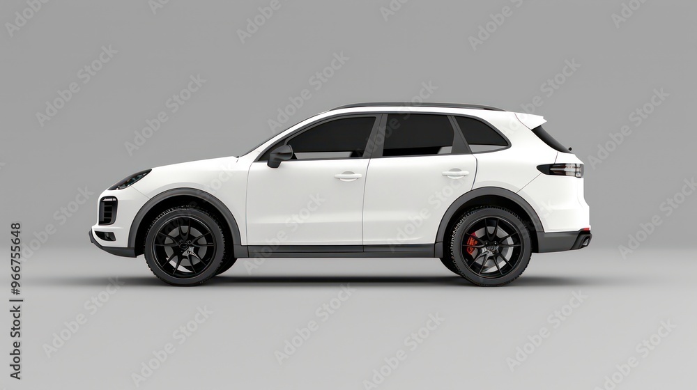 Fototapeta premium White SUV with black wheels on a grey background, viewed from the side.