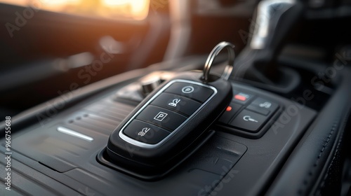 Modern car key with remote control buttons on the dashboard inside a car.