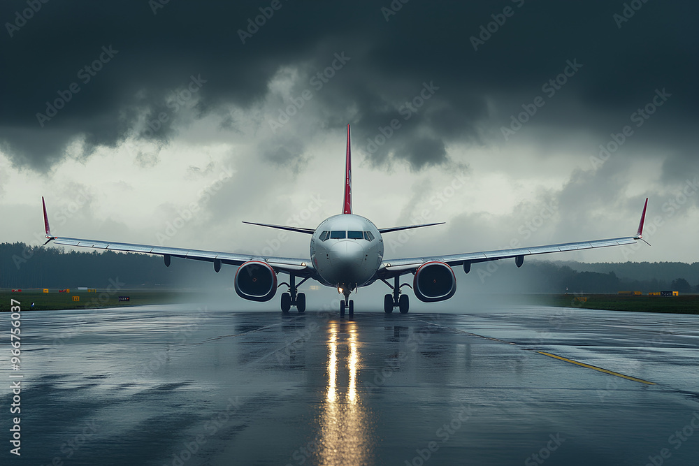 Fototapeta premium A plane on a wet runway under a dramatic sky, preparing for takeoff or landing.