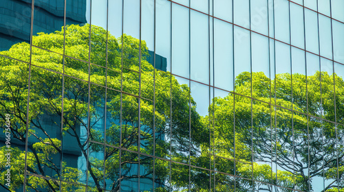 Green building reflection of trees in glass window