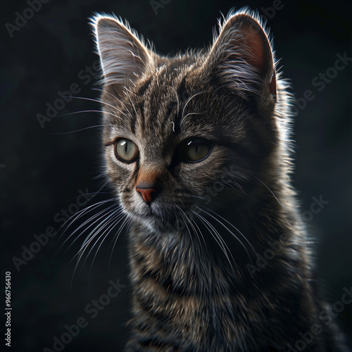 Young Tabby Kitten in Soft Light with Curious Look
