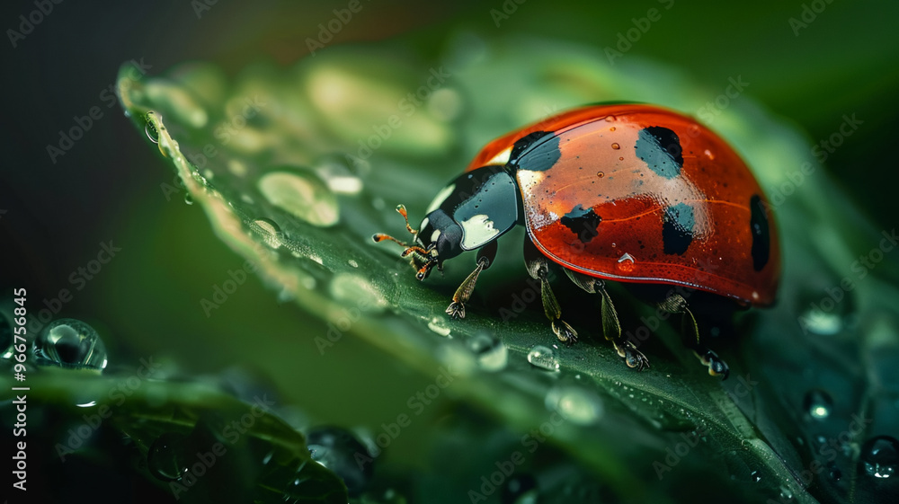 Spotted ladybug crawls on dewy green leaf Spotted ladybug crawls on dewy green leaf