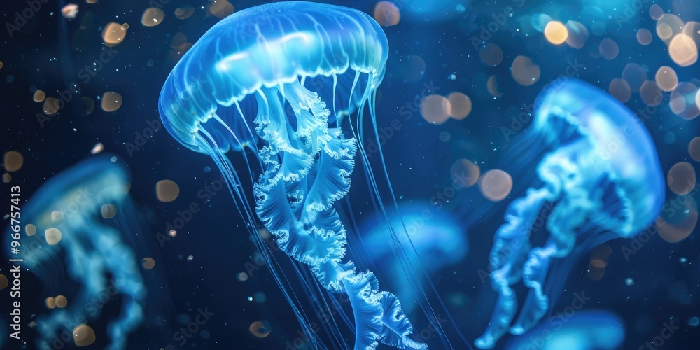 Naklejka premium Small blue jellyfish glowing under the ocean