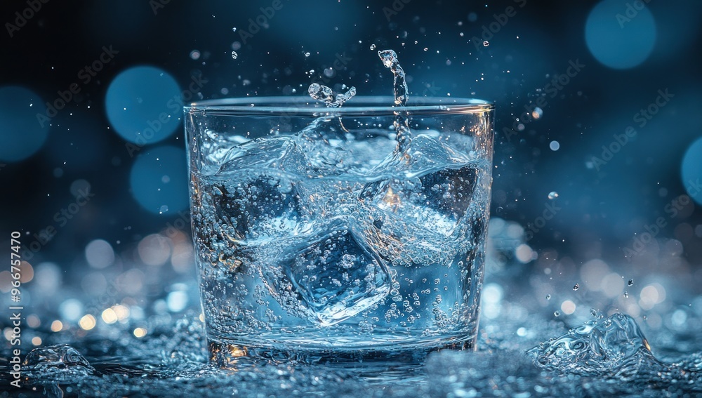 Glass of Water with Ice Cubes Splashing Glass of Water with Ice Cubes Splashing