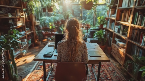 Woman Working at Home Office with Bookshelves