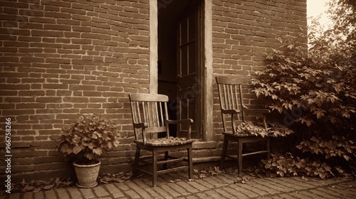 generative ai, Cozy Courtyard with Vintage Decor in Sepia Tone