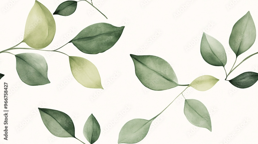 Naklejka premium Watercolor Whispers: Serene Green Leaves in Delicate Dance Seamless Pattern