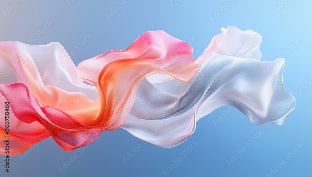 A colorful sculpture made of silk, floating in the air with a blue background A colorful sculpture made of silk, floating in the air with a blue background