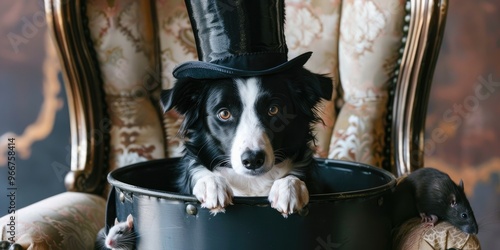 Border Collie dog hiding behind a magician s top hat on a chair with rats nearby photo