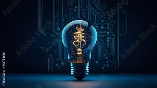 Glowing light bulb with circuit board inside on dark blue background, mockup. Innovation concept. Generative AI
