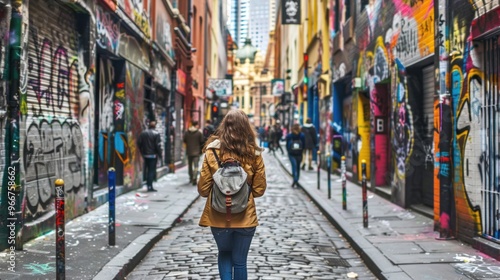 Woman walking down a narrow street with colorful graffiti.