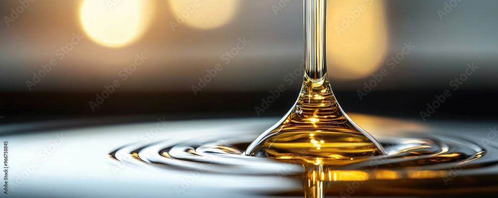 A close-up of golden liquid dripping into a shallow pool, creating captivating ripples and reflections in soft lighting. A close-up of golden liquid dripping into a shallow pool, creating captivating ripples and reflections in soft lighting.