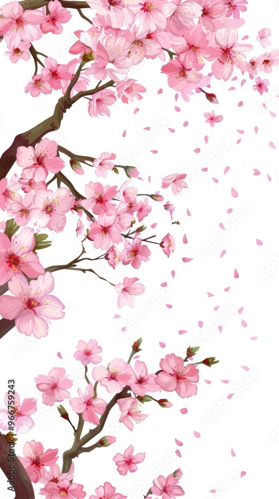 Fototapeta premium Pink Cherry Blossom Branches with Falling Petals.