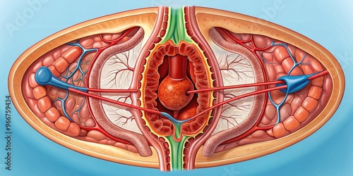 A detailed illustration of a fistula, a abnormal connection between two organs or vessels, showing the affected area with surrounding tissue and blood vessels. photo