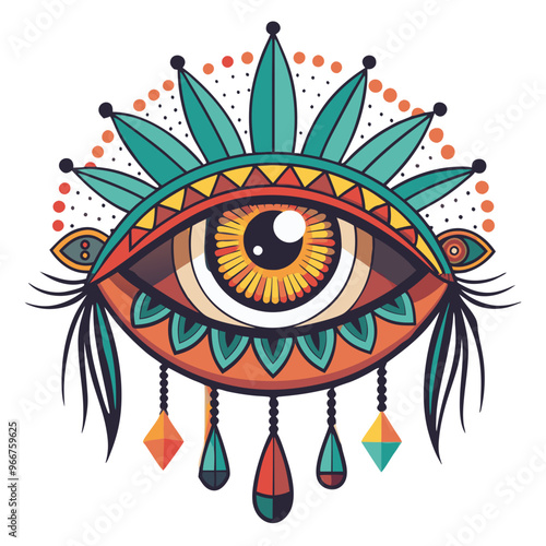 Decorative eye illustration, colorful art, vibrant design with feathers and geometric patterns