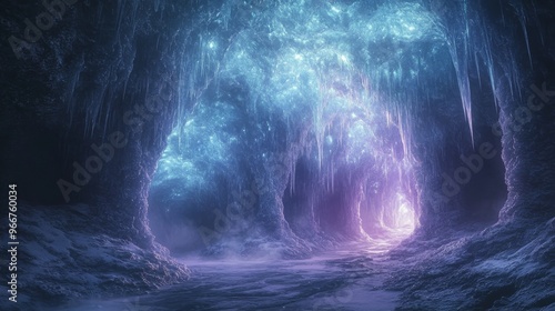 Ethereal Ice Cave with Glowing Walls and a Path Ahead