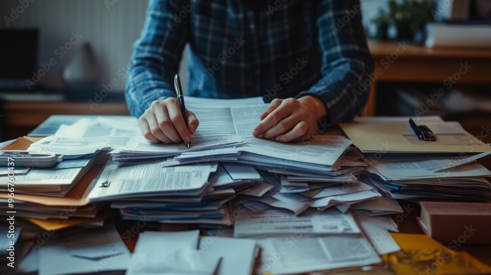 A close-up of a person organizing financial documents at a desk, managing paperwork, bills, and finances, symbolizing financial responsibility. A close-up of a person organizing financial documents at a desk, managing paperwork, bills, and finances, symbolizing financial responsibility.