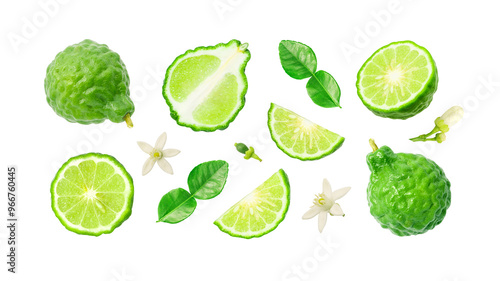 Group bergamot with slices bergamot and flower pattern isolated on white background , clipping path.