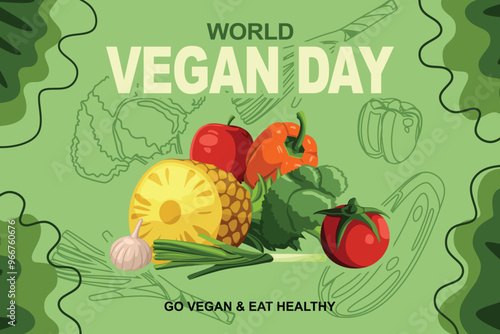 Vegan Day with Pile of Fruits and Vegetables Green Template Background Vector