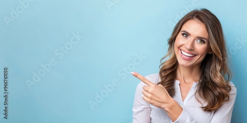 Smiling woman with smartphone pointing finger at empty space for text, smiling, woman, smartphone, pointing, finger