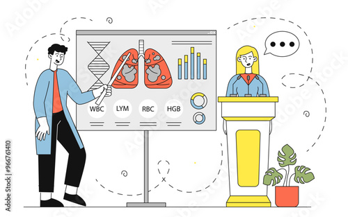 Public speaking at scientific conference. Man and woman in medical uniform near lungs structure. Anatomy and biology. Scientists perform on stage. Linear vector illustration