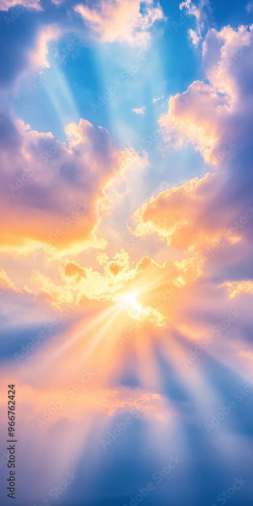 A beautiful blue sky with sun rays illuminating the clouds from behind.