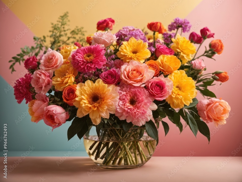 A bunch of flowers with a pink and yellow background A bunch of flowers with a pink and yellow background