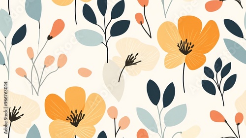 Floral Delight Seamless Pattern: A charming and delicate seamless pattern featuring a delightful array of stylized flowers and leaves in a soft color palette of orange, blue, and pink. photo