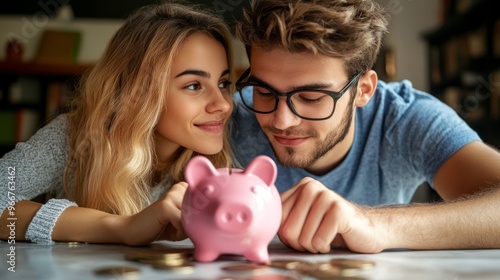 Close-up of a couple setting financial goals together with a piggy bank and coins, saving concept.