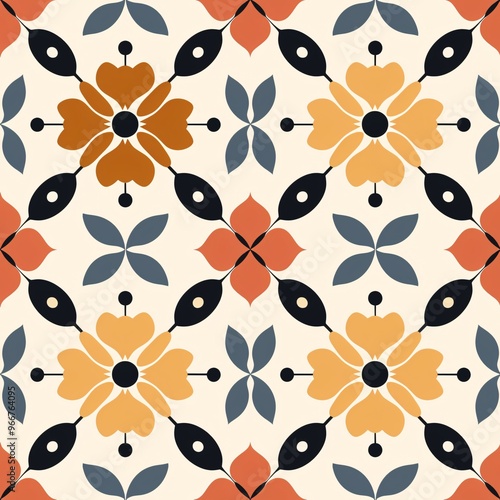 Floral Tile Pattern: A seamless pattern with a retro vibe, featuring stylized flowers in shades of orange, red, blue, and black, set against a creamy background. Perfect for textiles, wallpaper