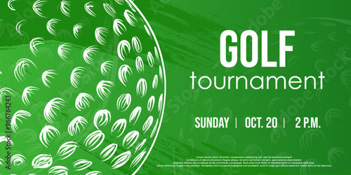 Golf tournament creative background with hand hand drawn golf ball on field. Sport game card for golf championship on professional course. Leisure, active lifestyle, sports competition event