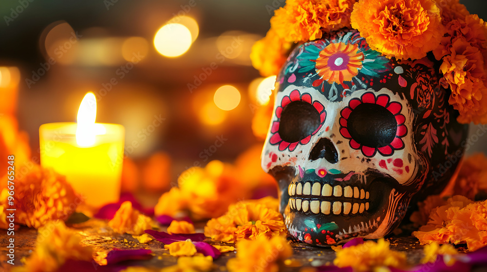 Close-up of a painted sugar skull, featuring intricate designs and bright colors, surrounded by marigold petals and candles, with a blurred background of traditional offerings